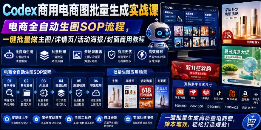 Codex商用电商图批量生成实战课｜电商全自动生图SOP流程，一键批量做主图/详情页/活动海报/封面商用教程-抖音新作品监控助手