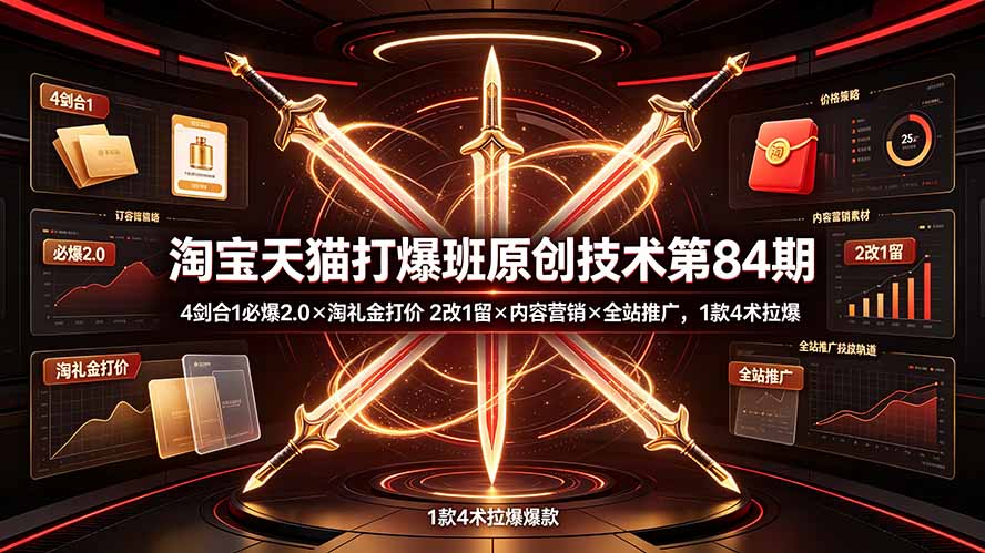 淘宝天猫打爆班原创技术第84期：4剑合1必爆2.0×淘礼金打价×2改1留×内容营销×全站推广，1款4术拉爆-抖音新作品监控助手