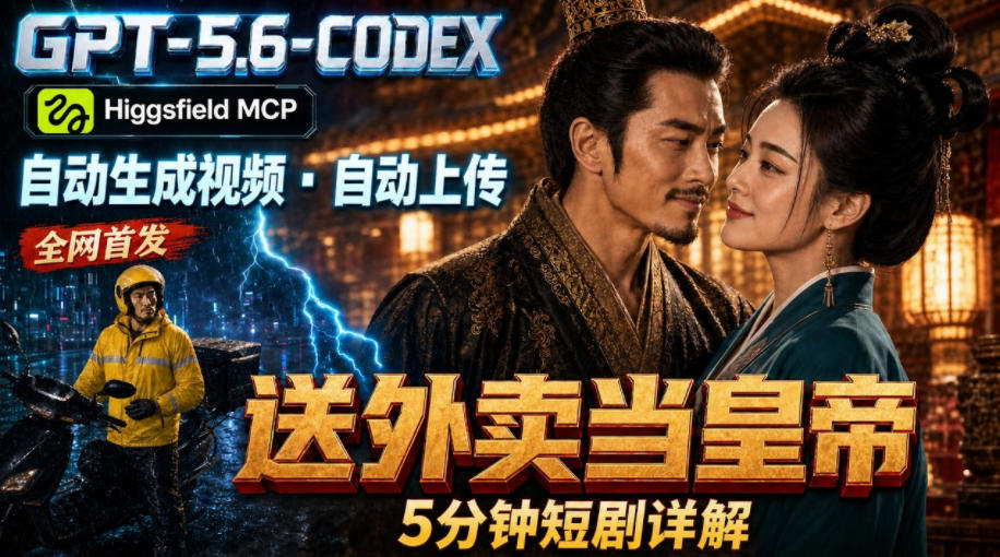 GPT-5.6 Codex+Higgsfield MCP：一条指令生成5分钟短剧并自动上传YouTube(油管)-抖音新作品监控助手