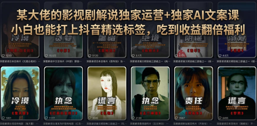 某大佬的影视剧解说独家运营+独家AI文案课，小白0粉丝也能快速打上抖音精选标签、吃到收益翻倍福利-抖音新作品监控助手
