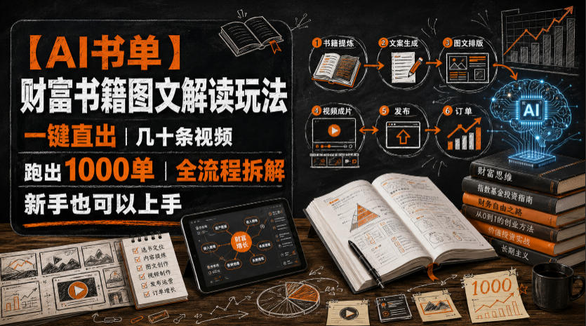 【AI书单】财富书籍图文解读玩法，一键直出，几十条视频，跑出1000单，全流程拆解，新手也可以上手-抖音新作品监控助手