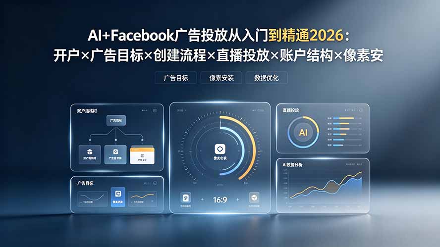 AI+Facebook广告投放从入门到精通2026：开户×广告目标×创建流程×直播投放×账户结构×像素安装×AI赋能-抖音新作品监控助手