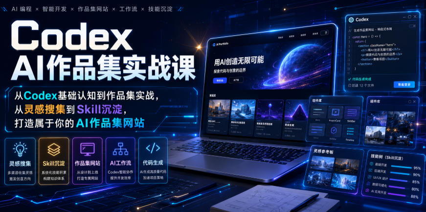 Codex AI作品集实战课，从Codex基础认知到作品集实战，从灵感搜集到Skill沉淀，打造属于你的AI作品集网站-抖音新作品监控助手