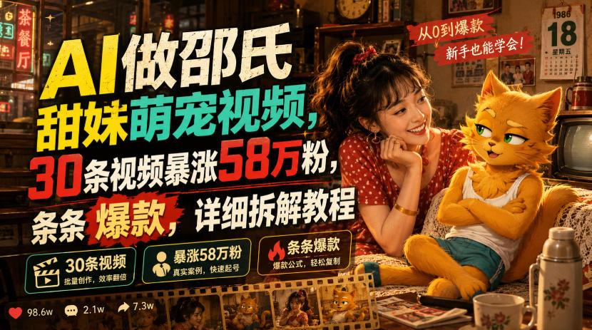 AI做邵氏甜妹萌宠视频，30条视频暴涨58万粉，条条爆款，详细拆解教程-抖音新作品监控助手