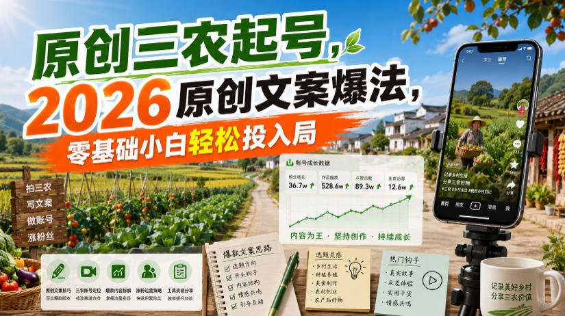 原创三农起号，2026原创文案爆法，零基础小白轻松投入局-抖音新作品监控助手