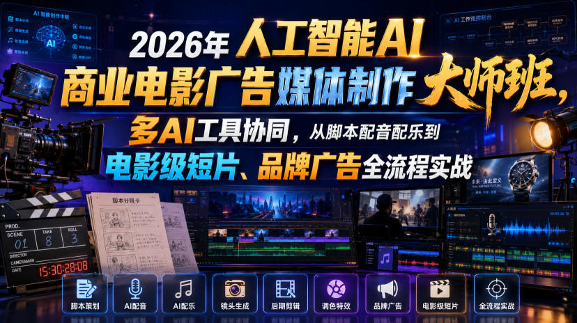 2026年人工智能AI商业电影广告媒体制作大师班，多AI工具协同，从脚本配音配乐到电影级短片、品牌广告全流程实战(中英字幕)-抖音新作品监控助手
