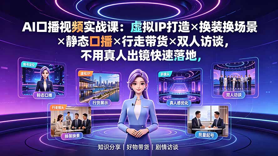 AI口播视频实战课：虚拟IP打造×换装换场景×静态口播×行走带货×双人访谈，不用真人出镜快速落地-抖音新作品监控助手