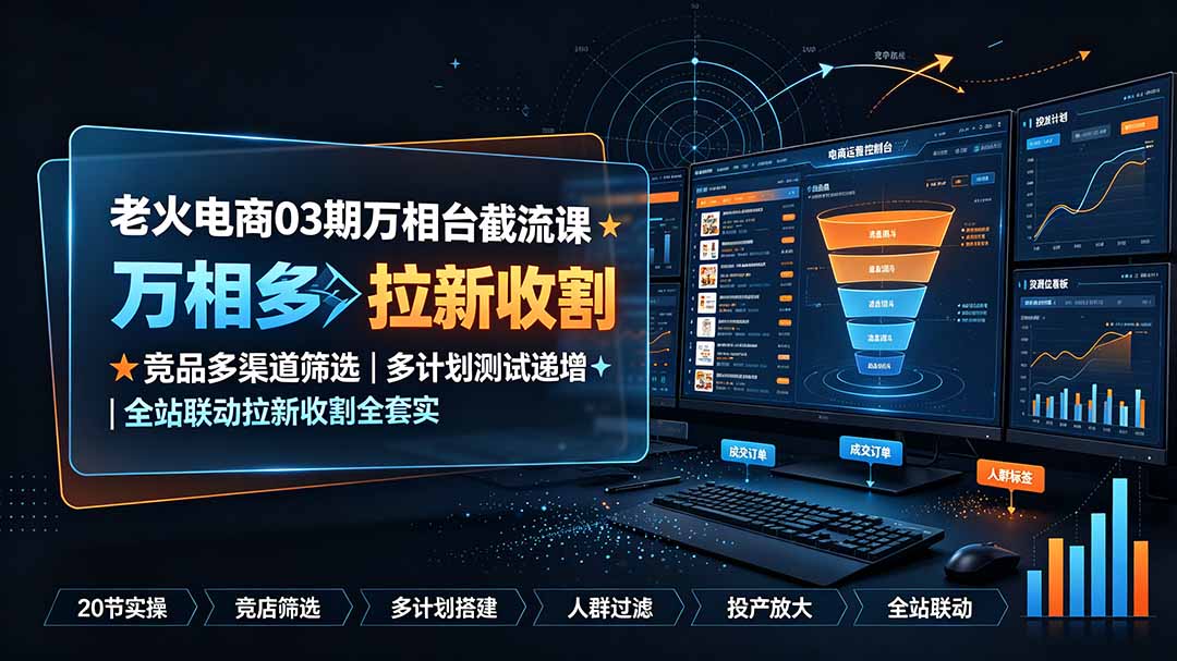 老火电商03期万相台截流课：竞品多渠道筛选｜多计划测试递增｜全站联动拉新收割全套实操教学-抖音新作品监控助手