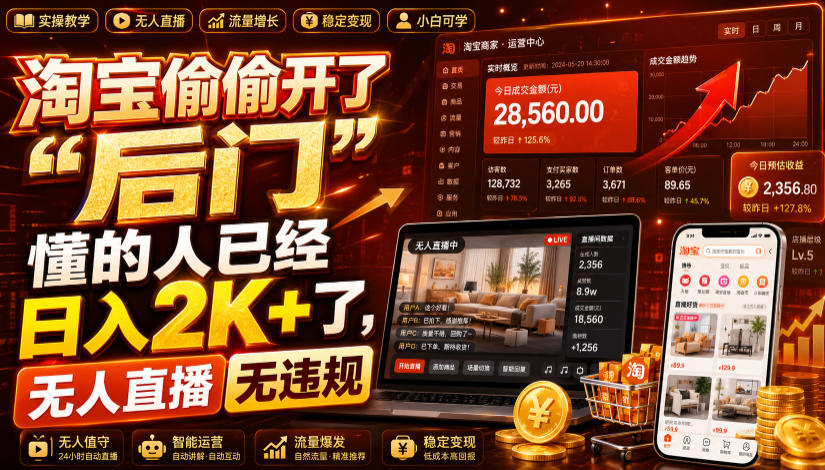 淘宝偷偷开了“后门”，懂的人已经日入2K+了，无人直播无违规，一台电脑=一家24小时营业的线上门店【揭秘】-抖音新作品监控助手